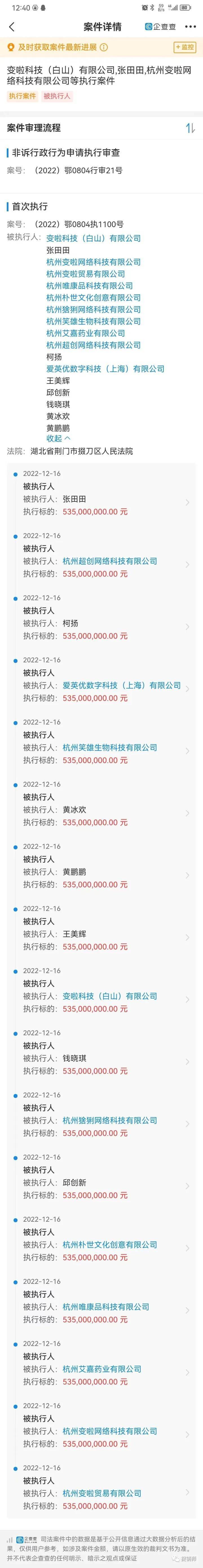 华为手机应用软件SD卡
:杭州变啦网络科技有限公司相关企业及个人成被执行人，执行标的5.35亿元